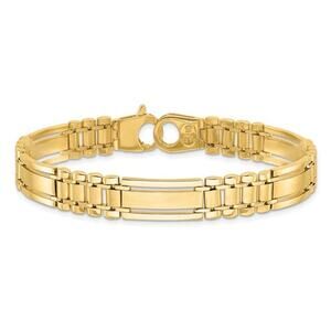 14k Polished and Satin 8.8mm Fancy Bar Link 8.5 inch Mens Bracelet